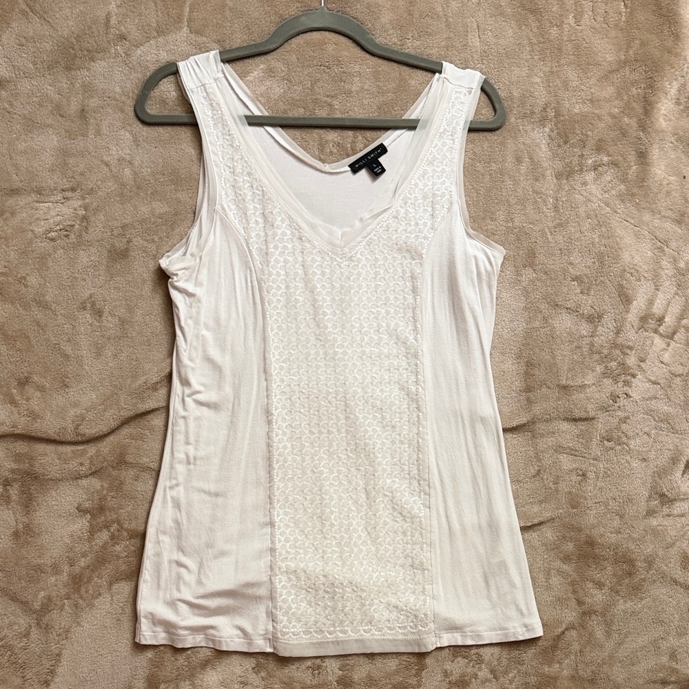 White Sequin-Front V-Neck Tank
